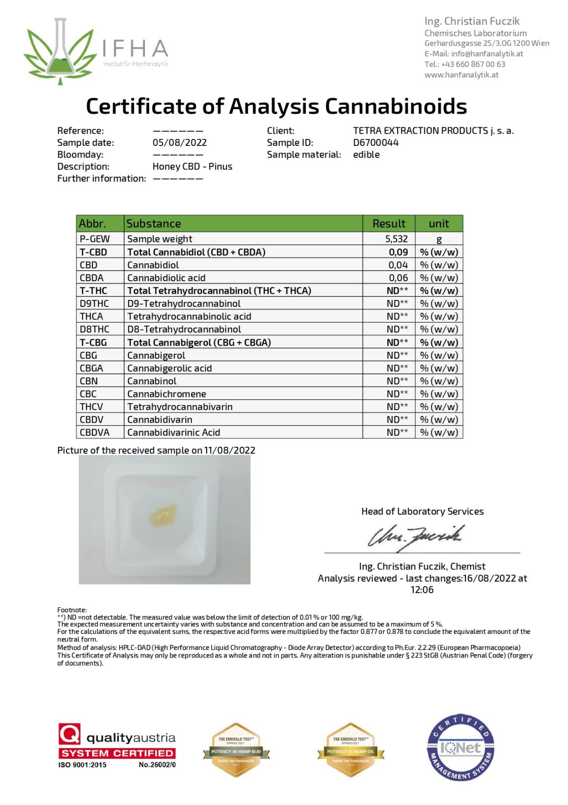 Терапевтичен мед с тетра екстракт (CBD) от борови иглички, 30гр / 220гр
